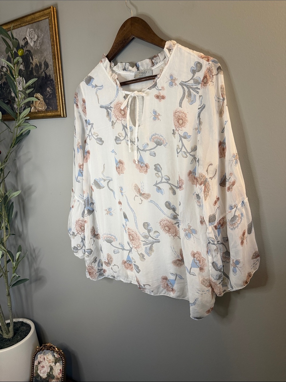 Angela Moda Made in Italy 100% Silk Floral Peasant Blouse Large Boho Cottagecore - Picture 5 of 8